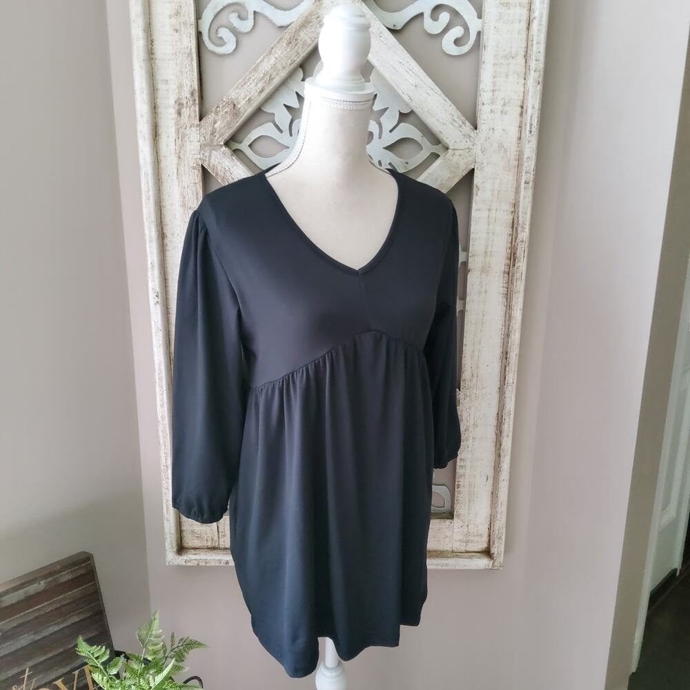 Times Two Maternity 3/4 Sleeve Balloon Elastic Waist Babydoll Top Tunic in Black